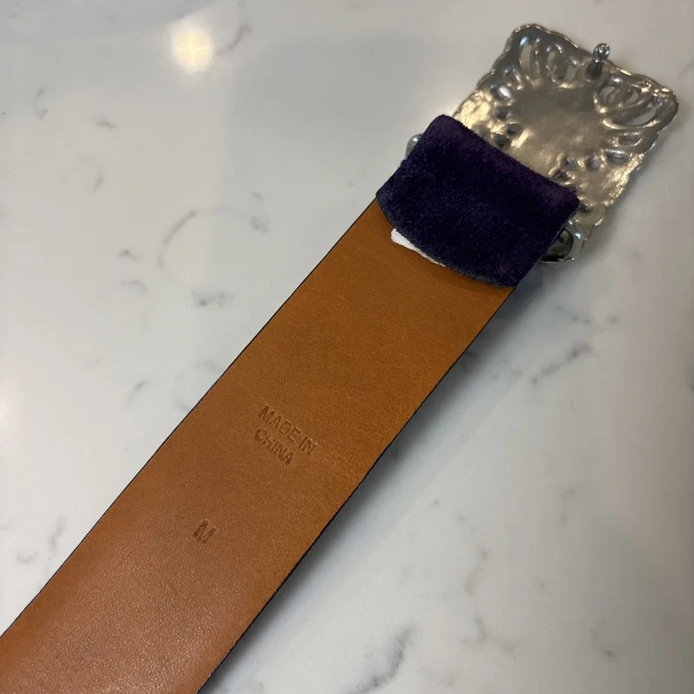 Lauren‎ Ralph Lauren Purple Suede Leather Silver Rhinestone Buckle Belt Size MED